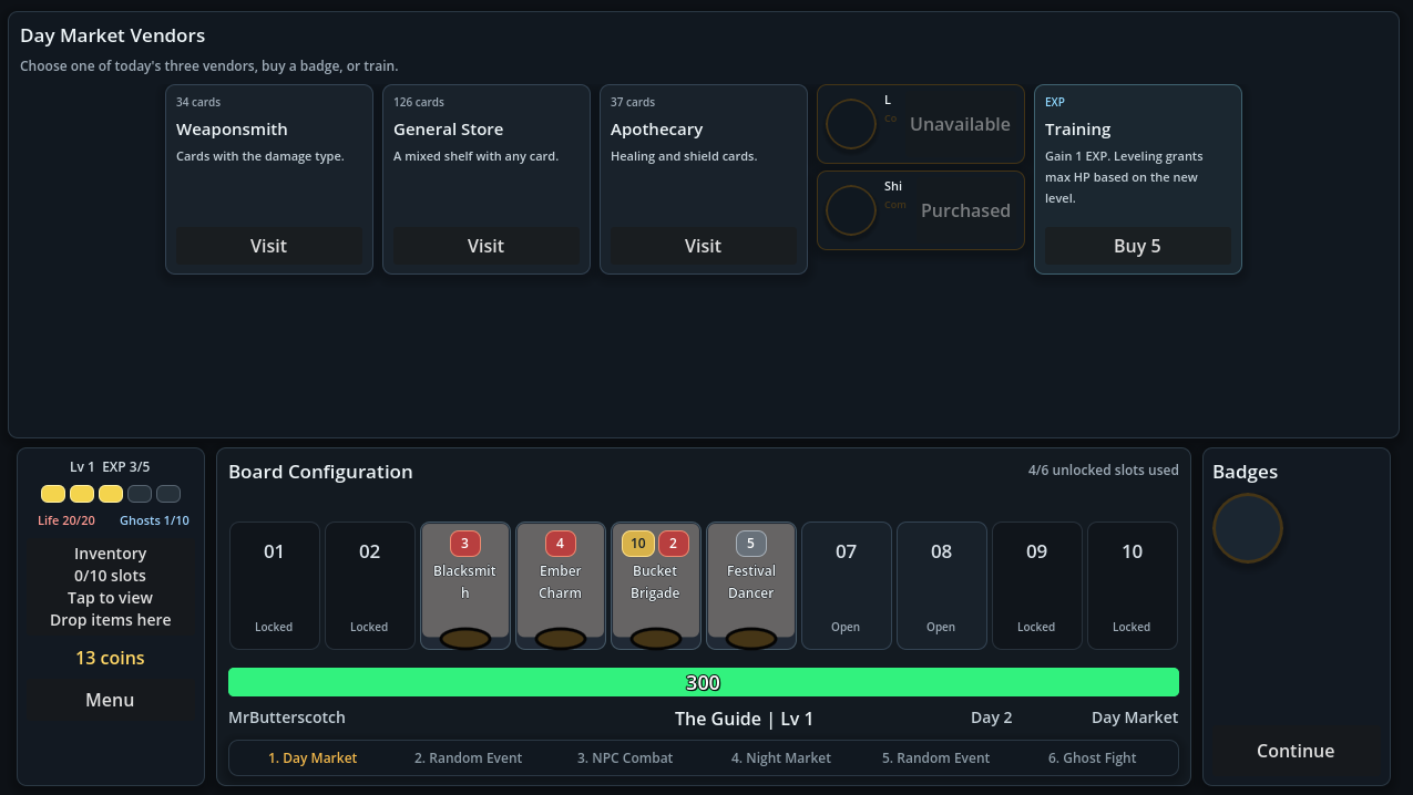 Craven day market and board configuration gameplay screen